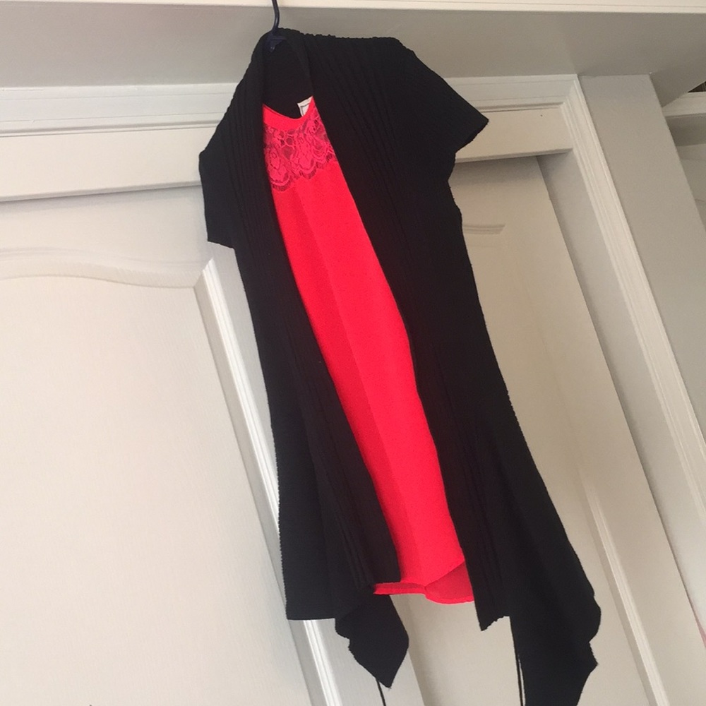 Black cardigan sweater. Long. Ribbed.